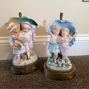 Porcelain Vintage Victorian Cherub Table Lamp Pair in Pastel Blue and Pink